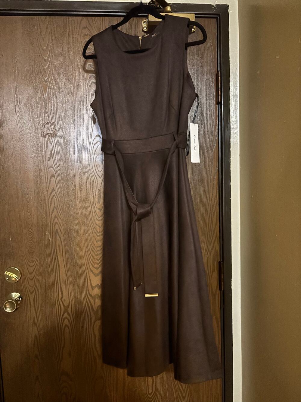 NWT Calvin Klein Chocolate Brown Suede Fall Preppy Professional Maxi Dress
